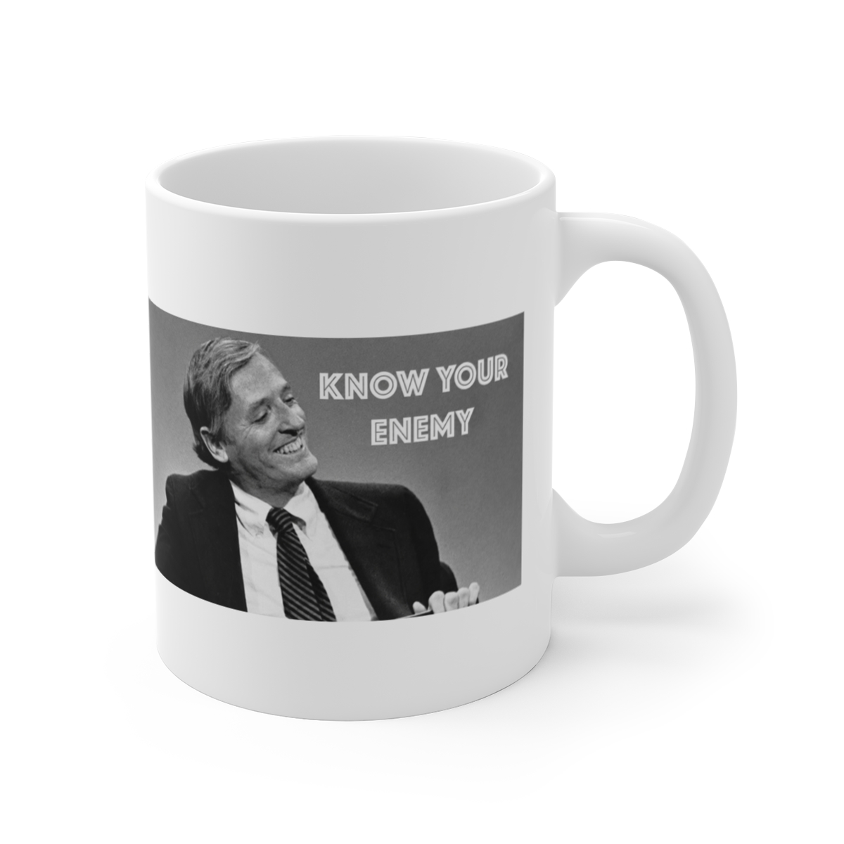 Smiling Man Portrait Mug | Black and White Retro Photo | Know Your Enemy Podcast